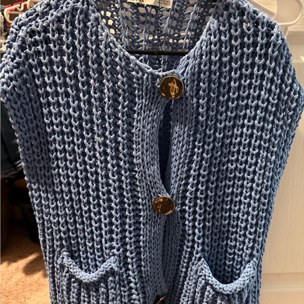 Zara Open Knit Button Cardigan - Light Blue